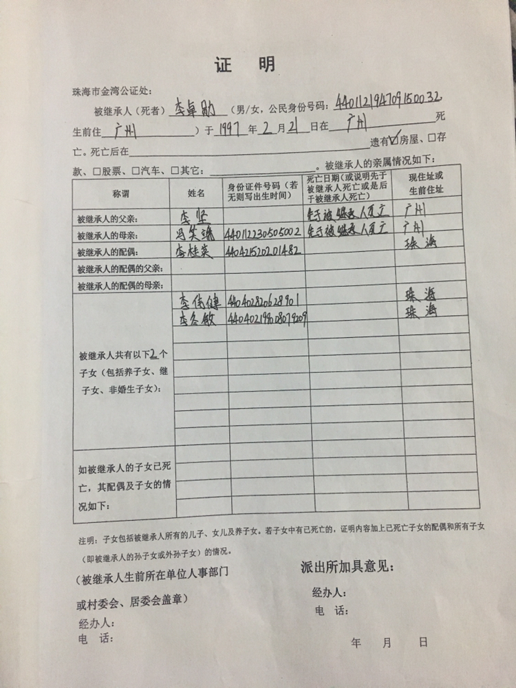 我们提供亲属关系证明和爷爷死亡证明,爷爷是1952年在广州黄埔去世,当