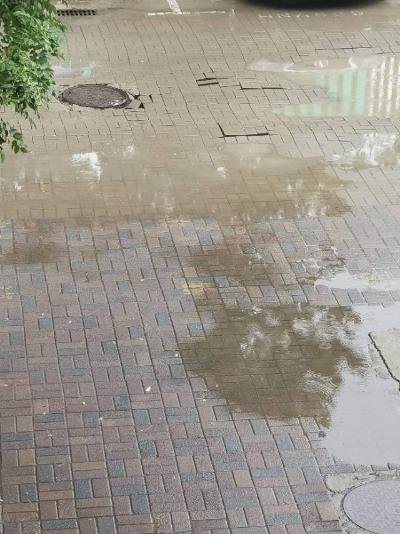 小区道路坑多下雨积水住户行走不便.